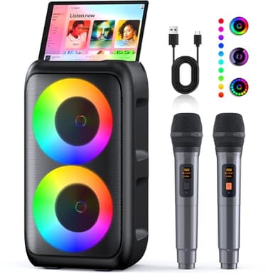Karaoke Machine 2 Microphones (Newest gen) | Bluetooth Speaker with Microphone | Supports TV/Smartphone/iPad/TWS/AUX/USB/FM | For Party, Home, Outdoors, Travel, Signal Processors