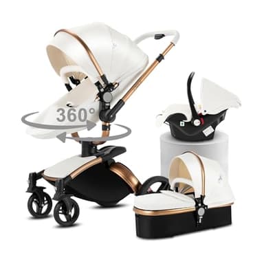 Magic ZC PU Leather 3 in 1 Pushchair Pram Travel System, Baby Stroller 3 in 1 with 360° Rotatable Seat, Newborn Infant Buggy with Aluminum Frame, Toddler Carriage with One-Click Folding (906 White-1)
