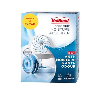 UniBond AERO 360º Moisture Absorber, 1 Device incl. 1 Refill Tab 450g, Ultra-Absorbent Dehumidifier, Helps Prevent Condensation, Recyclable, Refillable Condensation Absorber, Original Scent