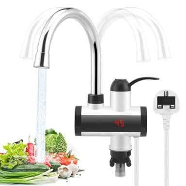 Electric Tap with Instantaneous Water Heater, 3300W Electric Tap with Flexible Spout and LCD Temperature Display, 360º Swivelling Stainless Steel Hot and Cold Water Tap for The Kitchen