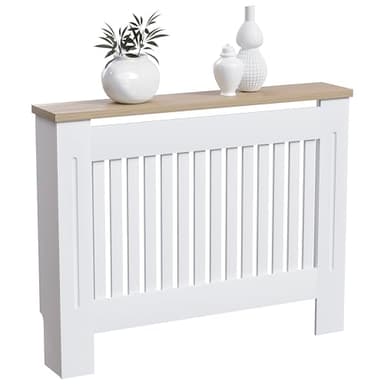 Vida Designs Arlington Radiator Cover White - Medium - Modern Shaker Style Vertical Slat Design For Optimal Heat Circulation - H83.3xW111xD19cm - Painted MDF Cabinet with Wood Top Shelf