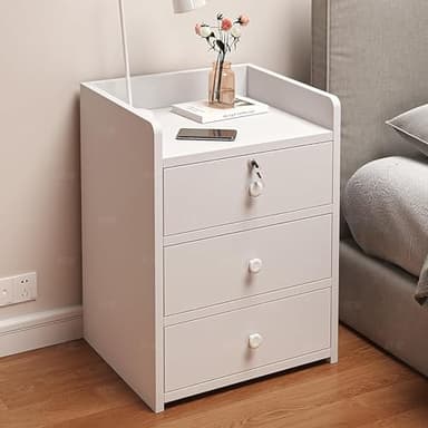 Modern Three Drawer Bedside Table with Lock Stylish Lockable Storage for Bedrooms Rental Rooms & More Sleek Warm White Design Functional Nightstand