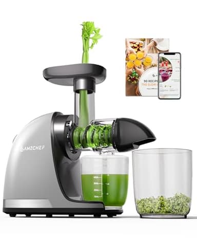 AMZCHEF Juicer Machines - Cold Press Slow Juicer - Masticating Juicer for Whole Fruits and Vegetables - Delicate Chew No Need to Filter - BPA Free Juice Extractor with 2 Cups and Brush - Cold Grey
