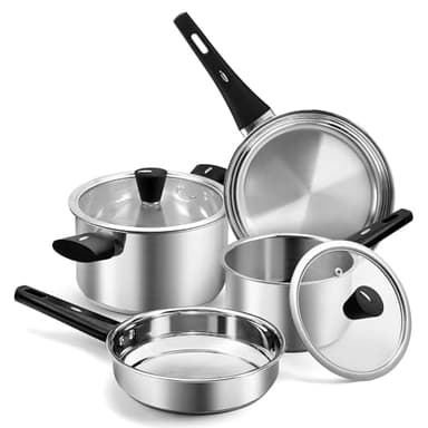 Stainless Steel Pots and Pans Set, 6-Piece Hob Pots Set & Frying Pans w/Lids Induction Kithchen Cookware Set for Healthy Cooking, Bakelite Handle, Uncoated & Easy to Clean, Suitable for All Stovetops