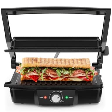 Chefman 4 Slice Panini Press, Indoor Grill and Gourmet Sandwich Maker, Nonstick Plates Open 180 Degrees, Adjustable Temperature, Floating Hinge for Thick Bread and Rolls, LED Indicators, Black
