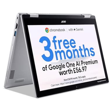 acer Chromebook Spin 312 CP312-1H Convertible Laptop - Intel N100, 4GB, 128GB eMMC, Integrated Graphics, 12.2" WUXGA Touchscreen, Chrome OS, Silver