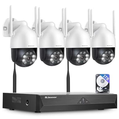 Jennov 【5MP+360°PTZ】 Wireless Security Camera System, 10CH NVR CCTV Camera System with 1TB HDD, 4PCS PTZ Security Cameras, Human Detection, Color Night Vision, Auto Tacking, Two Way Audio