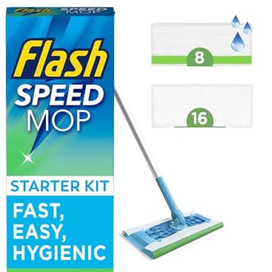 Flash Speedmop Floor Cleaner Starter Kit, Fast Easy and Hygienic (1 Handle, 8 Wet plus 16 Dry Refills), Trap and Lock Daily Dirt, Grease and Grime Without Getting Down On Your Knees