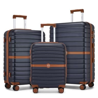 Kono Suitcase Sets of 3 Piece Lightweight ABS + PC Hard Shell Trolley Case 20" 24" 28" Travel Luggage with 3 Digit Combination Lock Spinner Wheels (Navy/Brown)