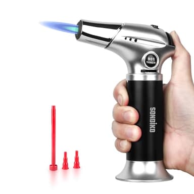Sondiko Kitchen Blow Torch S901, Refillable Kitchen Butane Torch with Safety Lock and Adjustable Flame for DIY, Creme Brulee, BBQ and Baking(Butane Gas Not Included)