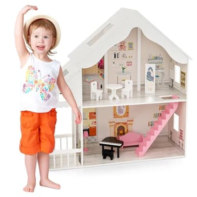 Maxmass 2-Storey Kids Dollhouse, Large Children Dolls House with 6 Simulated Rooms & 8 Pieces of Furniture, Wooden Toddler DIY Pretend Doll House for 3+ Years Old