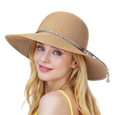 BelleVive Beach Sun Hats for Women, Straw Hat for Ladies, UPF 50+ UV Protection Women's Sun Hat, Summer Hats, Packable and Foldable, Sun Hat for Ladies, Wide Brim Hat, Khaki