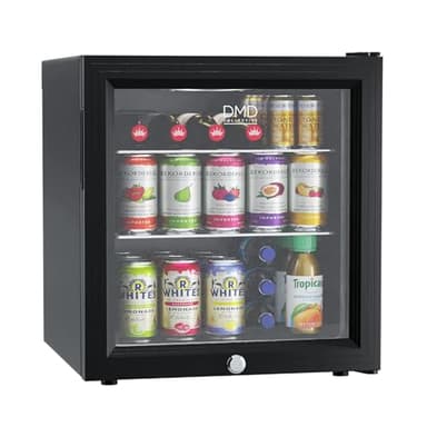 DMD Collective – Glass Mini Fridge, 50L Beer, Wine & Drink Chiller with LED Light, With Lock + Key, Countertop Fridge with Reversible Door, Mini Bar For Bedroom, Office, Kitchen, Home