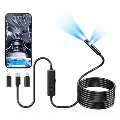 Acoath Endoscope Inspection Camera with Light, Dual-Lens 1920P HD Borescope with 8 LED Lights, IP67 Waterproof Flexible Tools, 5M Semi-Rigid Snake Drain Garage Camera for Android & iOS