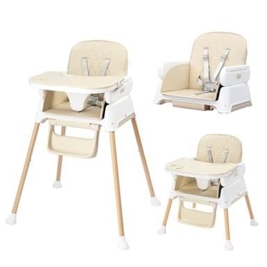 Bonnlo 4-in-1 Foldable Baby High Chair, Adjustable Height with Detachable Tray, 5-Point Safety Harness, Highchair for Toddlers 6 to 36 Months, Beige