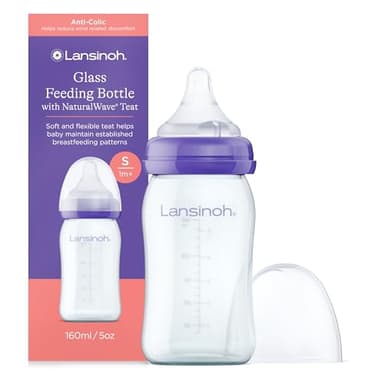 Lansinoh Glass Baby Bottle + NaturalWave™ Slow Flow Teat with Anti Colic Air Vent - 160ml - Breastfeeding Bottle Feeding: Clinically Proven to Reduce Nipple Confusion
