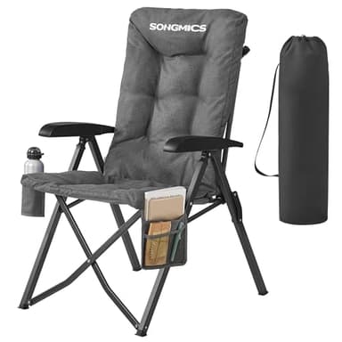 SONGMICS Camping Chair for Adults, 95°-150° Reclining, 6 cm Thick Padded Folding Garden Chair, Adjustable High Back, Cup Holder, Side Pocket, Carry Strap Bag, Garden Dining Fishing, Grey GCB016GZ01