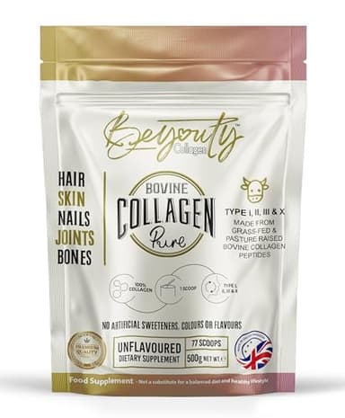 BeYouty Collagen, Pure Hydrolysed Bovine Collagen Peptides, Powder, 77 Servings, Unflavoured, Type I II III X, 500g, Halal Certified, for Skin Hair Nails Joints