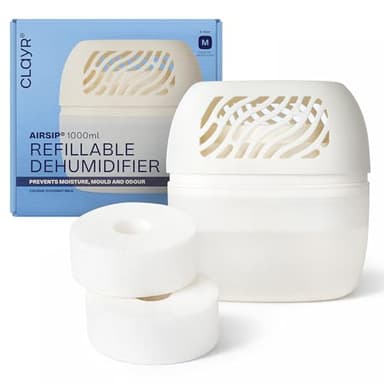 Clayr Airsip Moisture Absorbers for Home - 1000ml Window Condensation Absorbers with 2x 450g Refill Tabs - Eliminates Damp, Mould and Musty Smells - Non Electric Dehumidifier for Bathroom, Home, Car