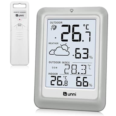 Indoor Outdoor Thermometer Wireless Weather Station Battery Powered with 100m Range Remote Sensor and Backlight Display (White Grey)