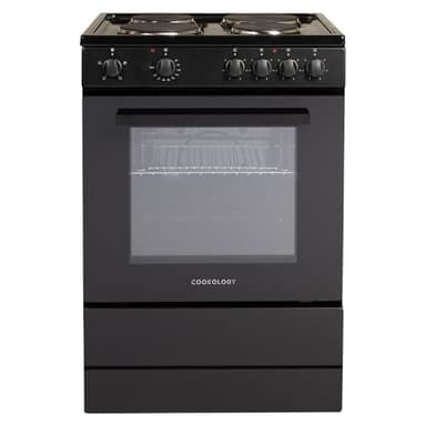 Cookology CFSP600BK/1 Freestanding Electric Single Cooker in Black - Solid Plate Top - 68 Litre Capacity - 60cm Wide - 4 Cooking Zone Hob - Analogue Dials