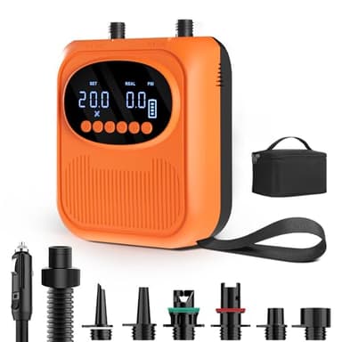 Mojimdo Electric SUP Pump 20PSI with Light, Rechargeable Paddle Board Pump 5 Modes & Custom Mode, Dual Stage Fast Inflation & Auto-off with 12V DC Car Charge for Paddleboard, Tent, Mattress