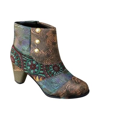 AEGJEGVD Womens Boots Clearance,Ladies Ankle Boots Today's Deals,Winter Retro Ethnic Wind Heel Mini Side Zipper Boots Stitching Leather Boots Comfortable Casual Walking Shoes UK Size 3.5-7.5