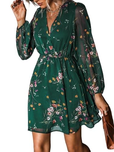 CUPSHE Women's Floral Print Chiffon A-Line Mini Dress Long Peasant Sleeves Elastic Autumn Dress Green M