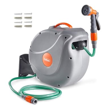 VonHaus Hose Reel 30m – Wall Mounted Hose Reel for Garden, Retractable, Auto Lock and Auto Rewind, Includes Wall Fixings and 8 Function Spray Gun, 180° Pivot Swivelling, Long Reach, Outdoor Watering