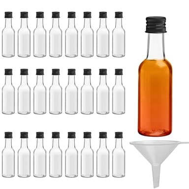 Belle Vous Mini Liquor Bottles (24 Pack) - Reusable Plastic 50ml Empty Spirit Bottles with Black Screw Caps and Liquid Funnel for Easy Pouring, Bottle Filling - Miniature Bottles for Weddings, Parties