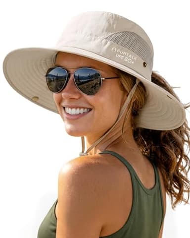 FURTALK Womens Sun Hat with Ponytail Hole Beach Hiking Summer Wide Brim UPF 80+ Outdoor Protection Foldable Bucket Hat, Beige
