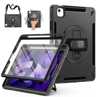 Miesherk Case for iPad Air 6th/5th/4th Generation: Military Grade Full Body Protective Cover iPad Air 6/5/4 10.9/11 2024/2022/2020-Screen Protector-Pen Holder-Rotating Stand-Hand/Shoulder Strap-Black