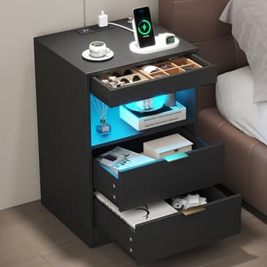 Yusong LED Nightstand Bedside Table with Charging Station 2 Drawers, Black Modern Sofa Couch End Side Table with Lights, Invisible Lock and Pull-Out Shelf for Bedroom Living Room