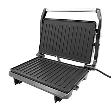 Quest Panini Press and Grill Sandwich Maker/Compact Stainless Steel Design/Non-Stick Hotplates/Cool Touch Floating Hinge Handle/Automatic Temperature Control