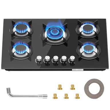 Gas Hob 5 burners, Built in Black Glass Gas Hob with Flame Out Protection,with Cast Iron Supports,NG/LPG Convertible