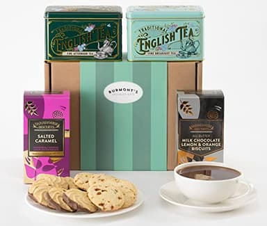 The Ultimate Tea & Biscuits Hamper - Including Breakfast & Afternoon Tea Tins, Salted Caramel Biscuits & Milk Chocolate Lemon & Orange Biscuits - Hamper Exclusive to Burmont's