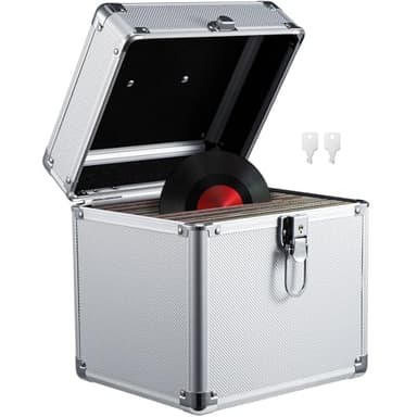 Supernic Vinyl Record Storage Box 7" 50pcs Vinyl Record Storage Cases Singles Vinyl Record Carry Case Heavy Duty Safe Box DJ Box Lockable Flight Carry Case Holds (Silver)