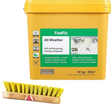 Fast Fix All Weather | Ready to Use, Self-Setting Paving Jointing Compound for Any Weather, Suitable for Stones Setts, Paving Block and Footpaths With Scrub Brush 14kg - 20 sq.m (Deep Grey)