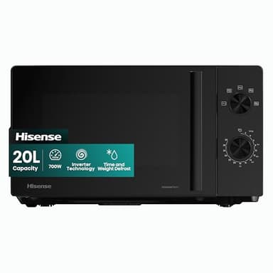 Hisense 700 Watts 20 Litre Inverter Microwave Oven H20MOBP1HIUK Black, Automatic Defrost, 5 power levels, Easy Clean, H24.1 x W43.4 x D32.9 cm Freestanding