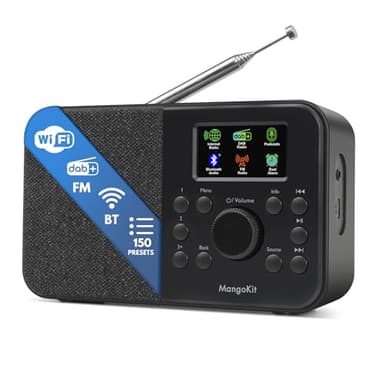 MangoKit SR-L Portable DAB Radio with Bluetooth 5.3-DAB+, FM & Internet Radio with WIFI, Podcasts,150 Presets, Alarm Clock Radio, Kitchen Radio with Full Colour Display, Mains or Battery Powered-Black