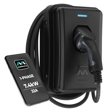 Masterplug Smart EV Home Wall Charger for Type 2 Electric and Plug-In Hybrid Vehicles, Tethered with 5m Cable, Mode 3, App Control, Solar Charging, Single Phase, Black, IP55, 7.4kW, 32A, EVCM3ST7B-MP