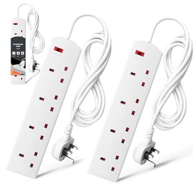 Wolf Power Heavy Duty Extension Lead UK Pin Plug and Cable, 4 Gang Way 2m Power Adapter, Multi Socket Mains Strip (2 Pack, White)