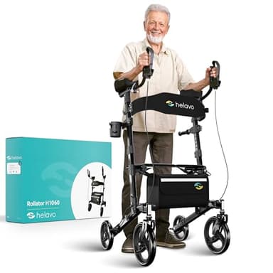 Helavo Upright Walker with Seat - Arthritis Rollator - Foldable Stand Up Walker for Seniors with Padded Armrests - Tall Standing Rollator