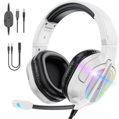 Krysenix PG2 Gaming Headset for PS4, PS5, PC, Xbox One, Switch,Wired Gaming Headphones with Noise Cancelling Microphone, Ergonomic Design Over Ear Computer Headset with 3.5mm Jack & LED-Bright White