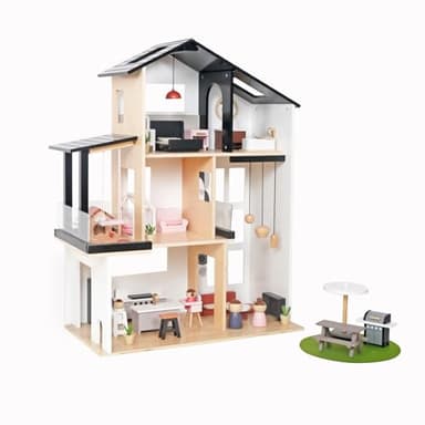 Large Wooden Doll House Luxury Villa Style Play Set Kids Role Play Doll House With 49Pcs Accessories 3 floor and Front Garden Balcony Lavish Design Villa (Design 6)