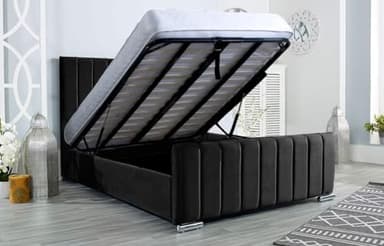 AuGold Beds Upholstered Ottoman Bed 4FT Small Double – Black Plush Small Double Bed Frame with Headboard, Footboard & Lift-Up Storage Base – Durable Modern Design for Stylish Compact Bedrooms