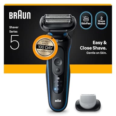 Braun Series 5 Electric Shaver, Wet & Dry Foil Razor for Men with Body Groomer Attachment, Cordless, Up to 50 min, 100 percent Waterproof, 52-B1600S, Blue