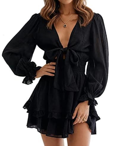 PHENHU Women's Dress Deep V-Neck Long Sleeve Knot Front Ruffle Hem Casual Short Dress