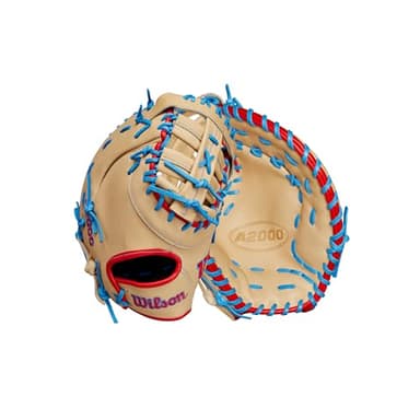 Wilson Spring 2025 A2000 1677 12.5" Baseball First Base Mitt - Left Hand Throw, Blonde/Sky Blue/Red