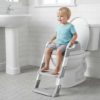Crystals Portable Toddler Potty Training Seat with Step-Foldable Child Toilet Seat for Boys & Girls, Comfortable Potty with Ladder, Anti-Slip Design for Kids Toilet Training, Easy Step-Up (Grey)